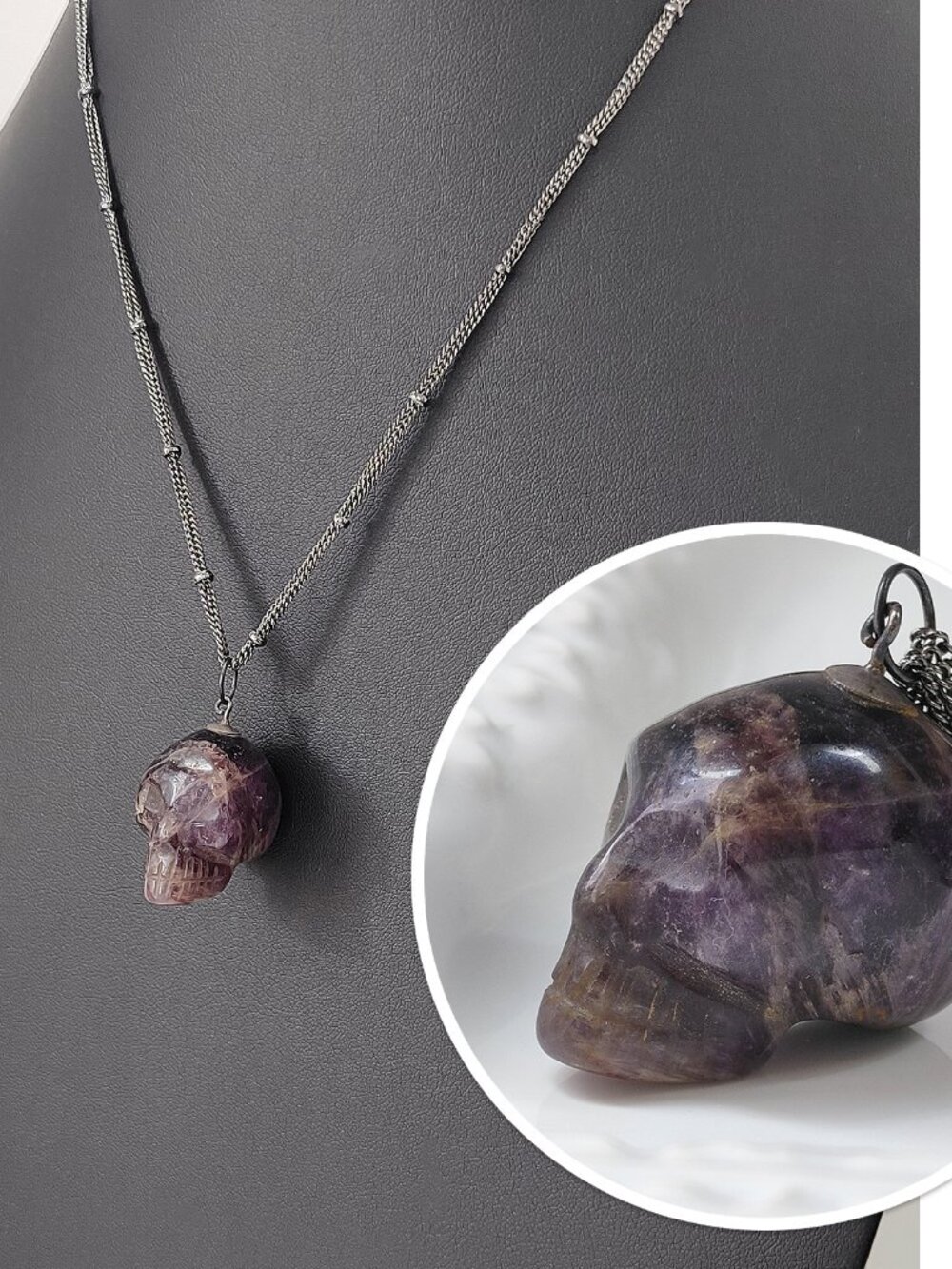 Hand Carved Amethyst Crystal Skull Pendant Necklace Gunmetal Multi Strand Chain